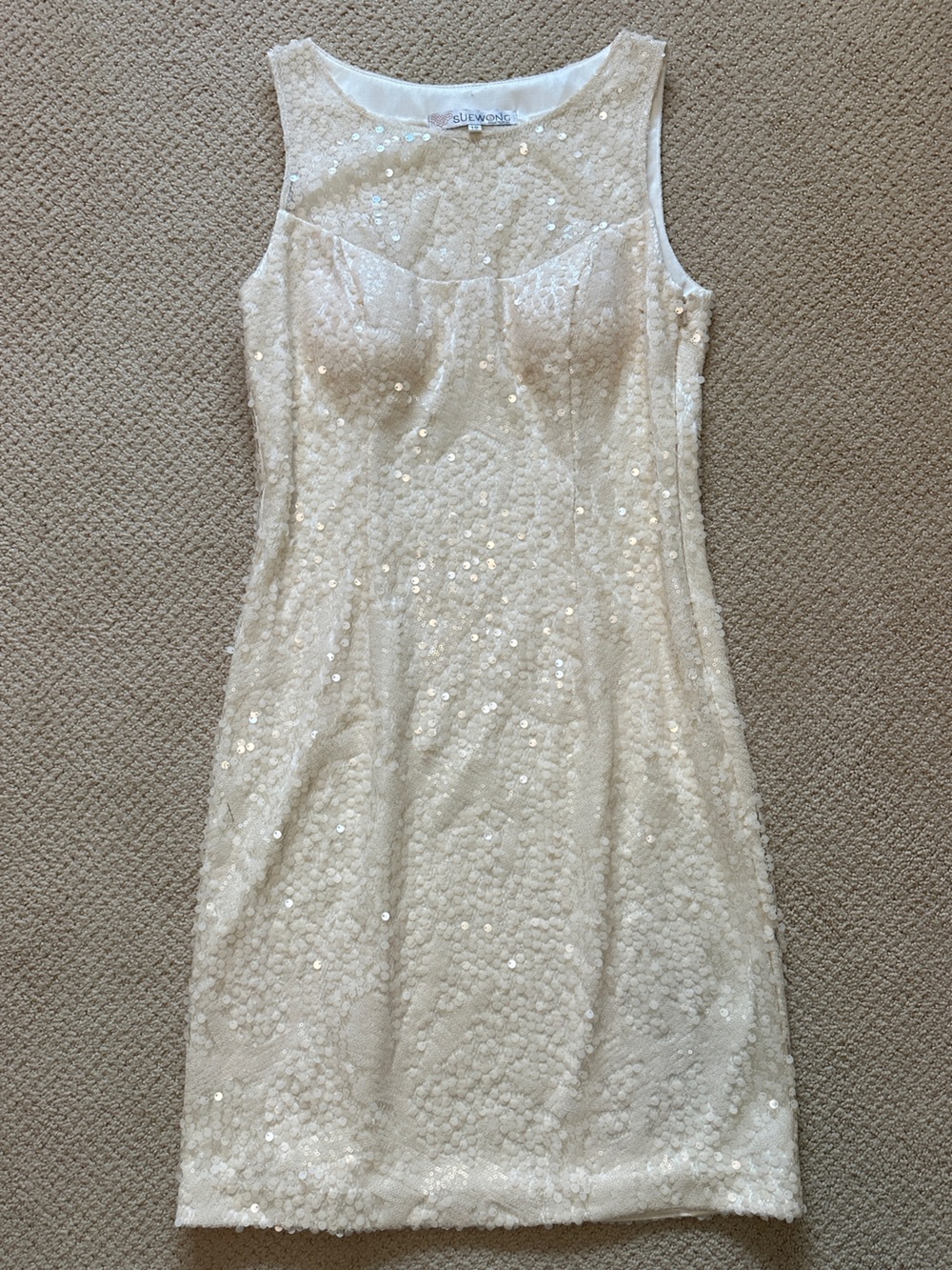 Sue Wong Sleeveless Sequin Cocktail Dress in Ivory with Bra Pads Size 10